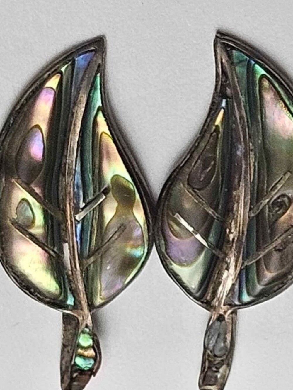 Sterling Silver Abalone Leaf Earrings - Iridescent Shell Screwbacks MEXICO